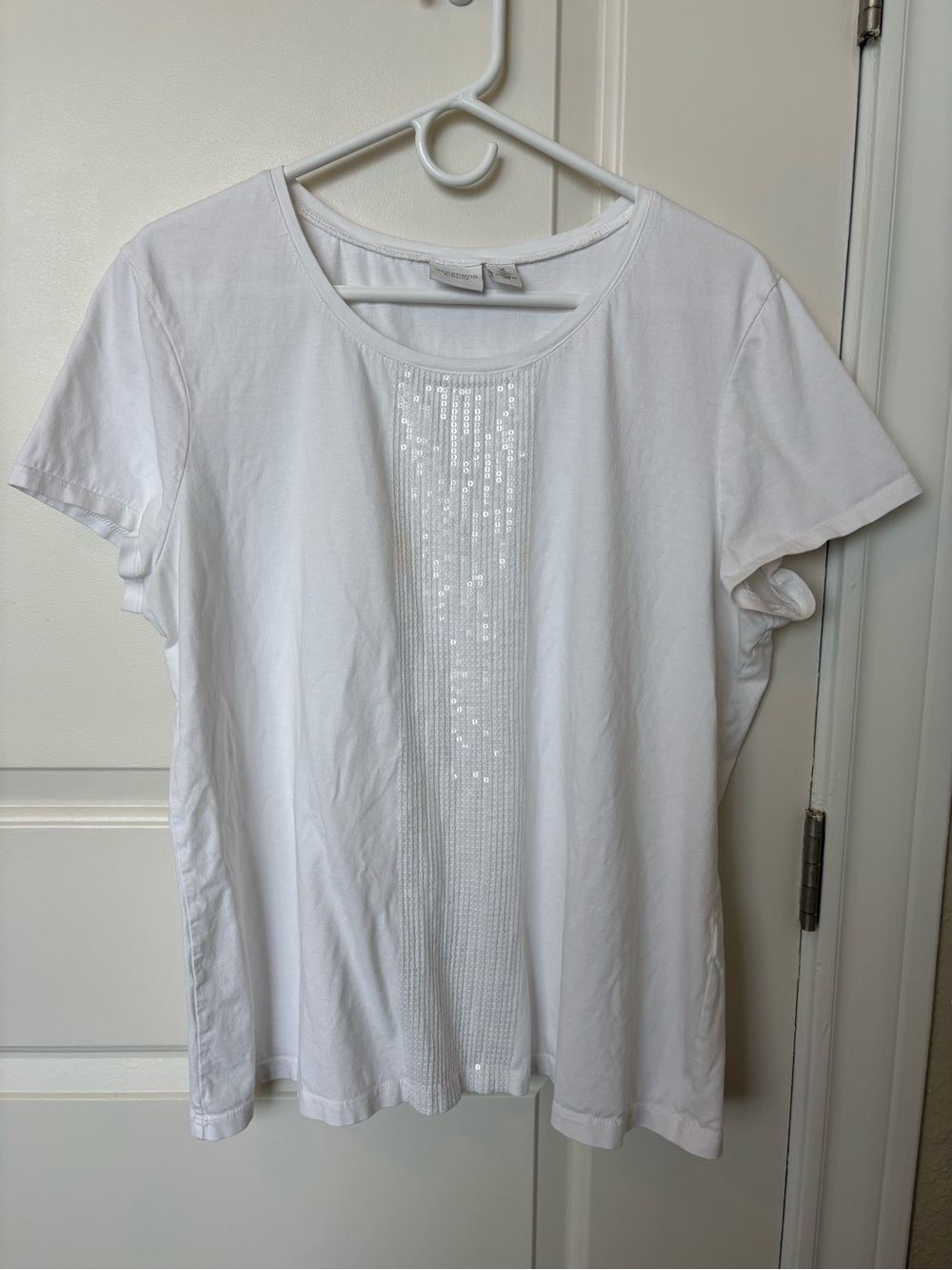 Chico's White Short Sleeve Tee with Sequin Front Panel